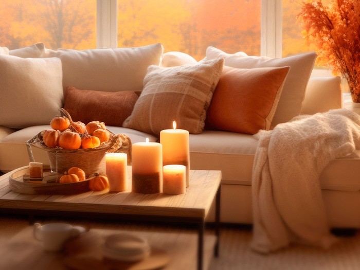 Sofa and coffee table with candles and pumpkin decorations.